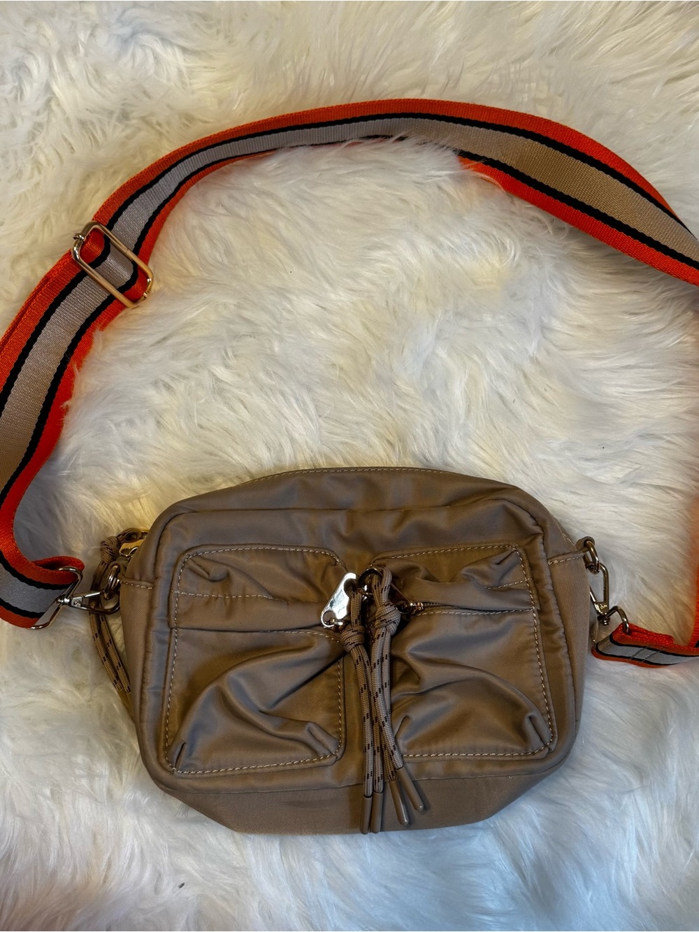Urban Expressions Taupe Crossbody with Orange- Trim Striped Strap